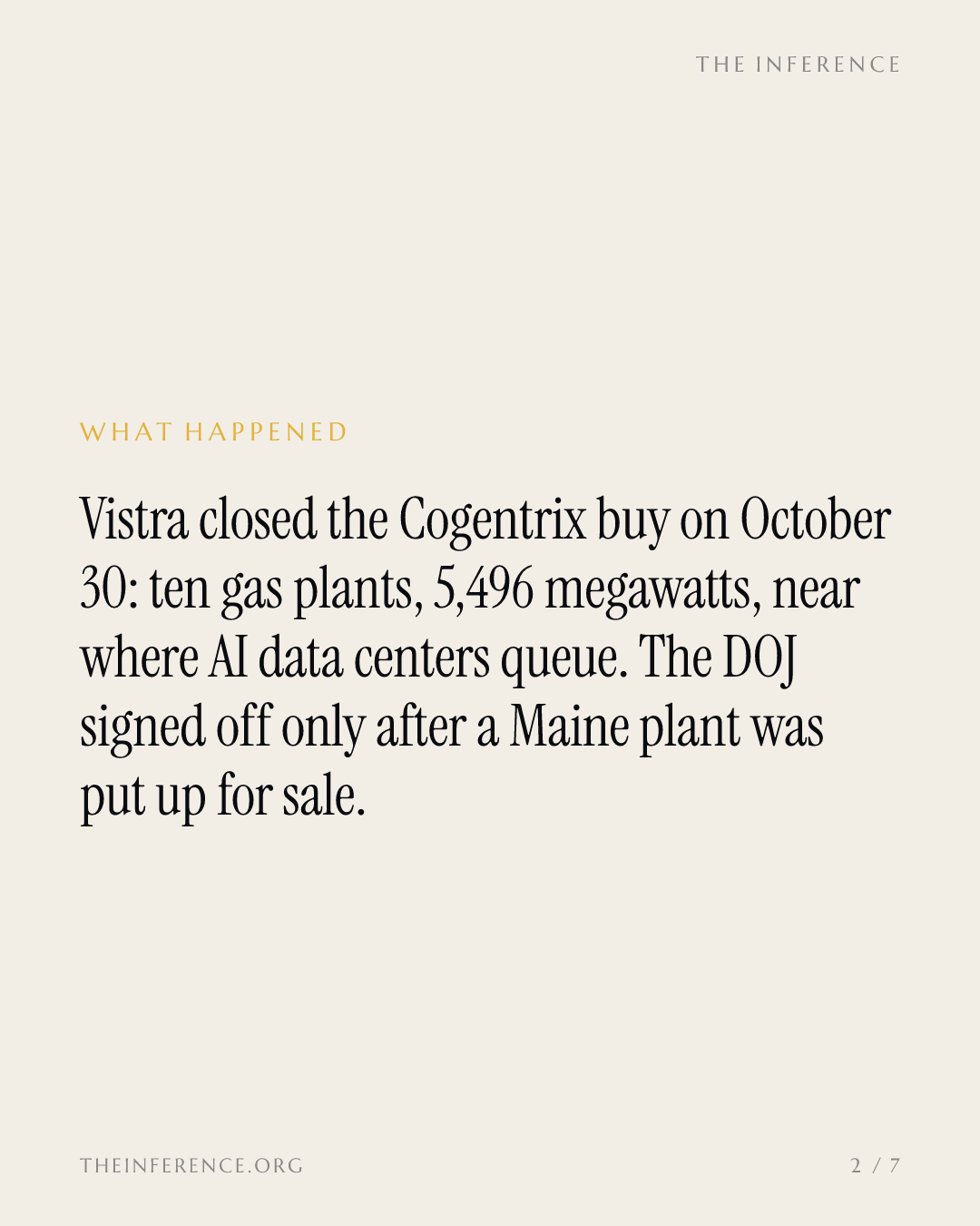 Vistra closed its $4 billion Cogentrix buy: 5,496 megawatts, and the DOJ required a Maine plant divested — slide 1