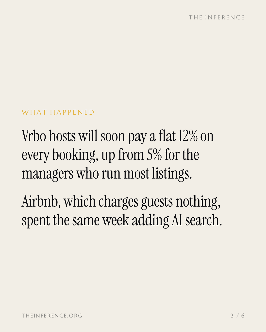 Vrbo lifts its cut of every booking to 12% while Airbnb sells the search — slide 1