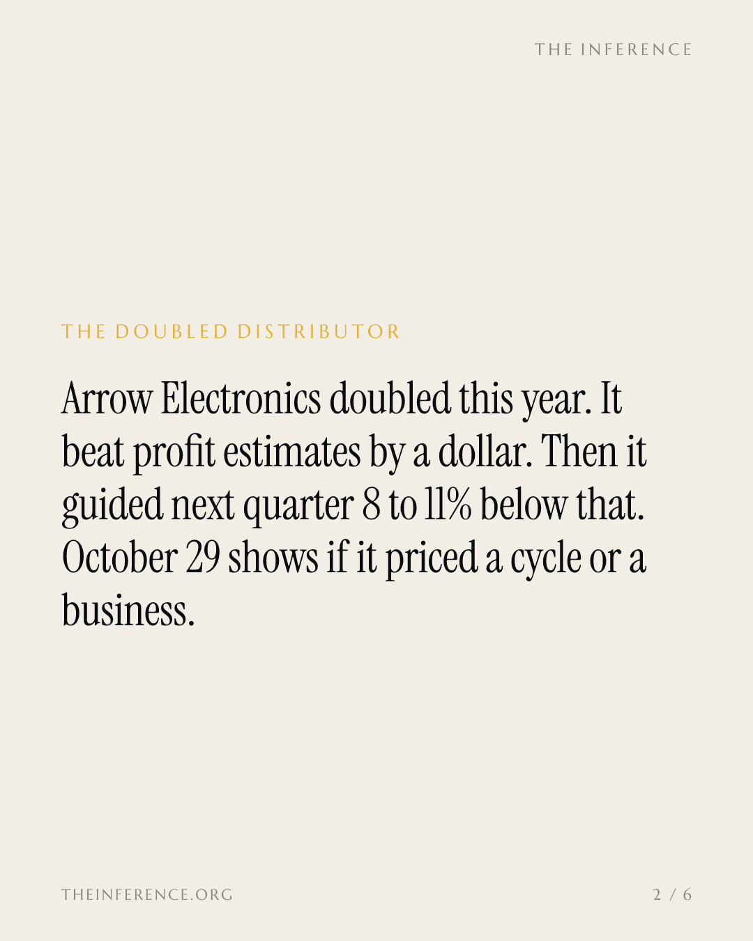 Arrow Electronics doubled this year, then guided next quarter 8 to 11% below what it just delivered — slide 1