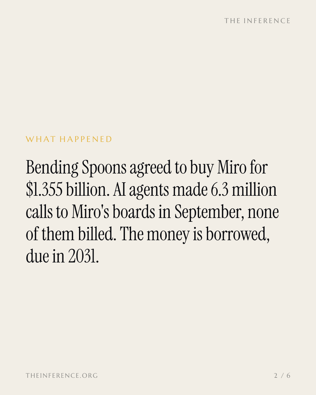 Bending Spoons agreed to pay $1.355 billion for Miro; AI agents made 6.3 million unbilled calls in September — slide 1