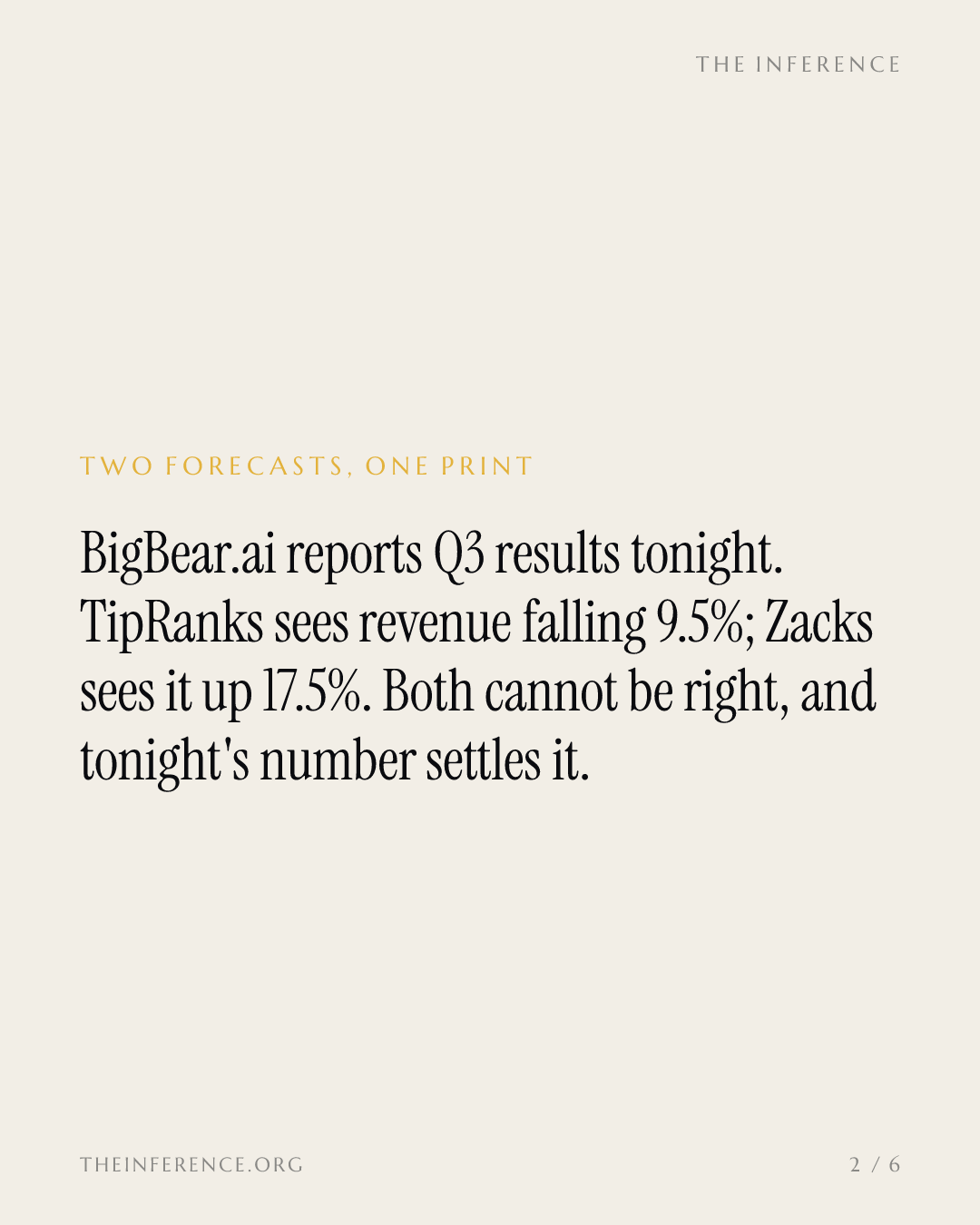 BigBear.ai reports tonight as TipRanks sees revenue down 9.5% and Zacks sees it up 17.5% — slide 1