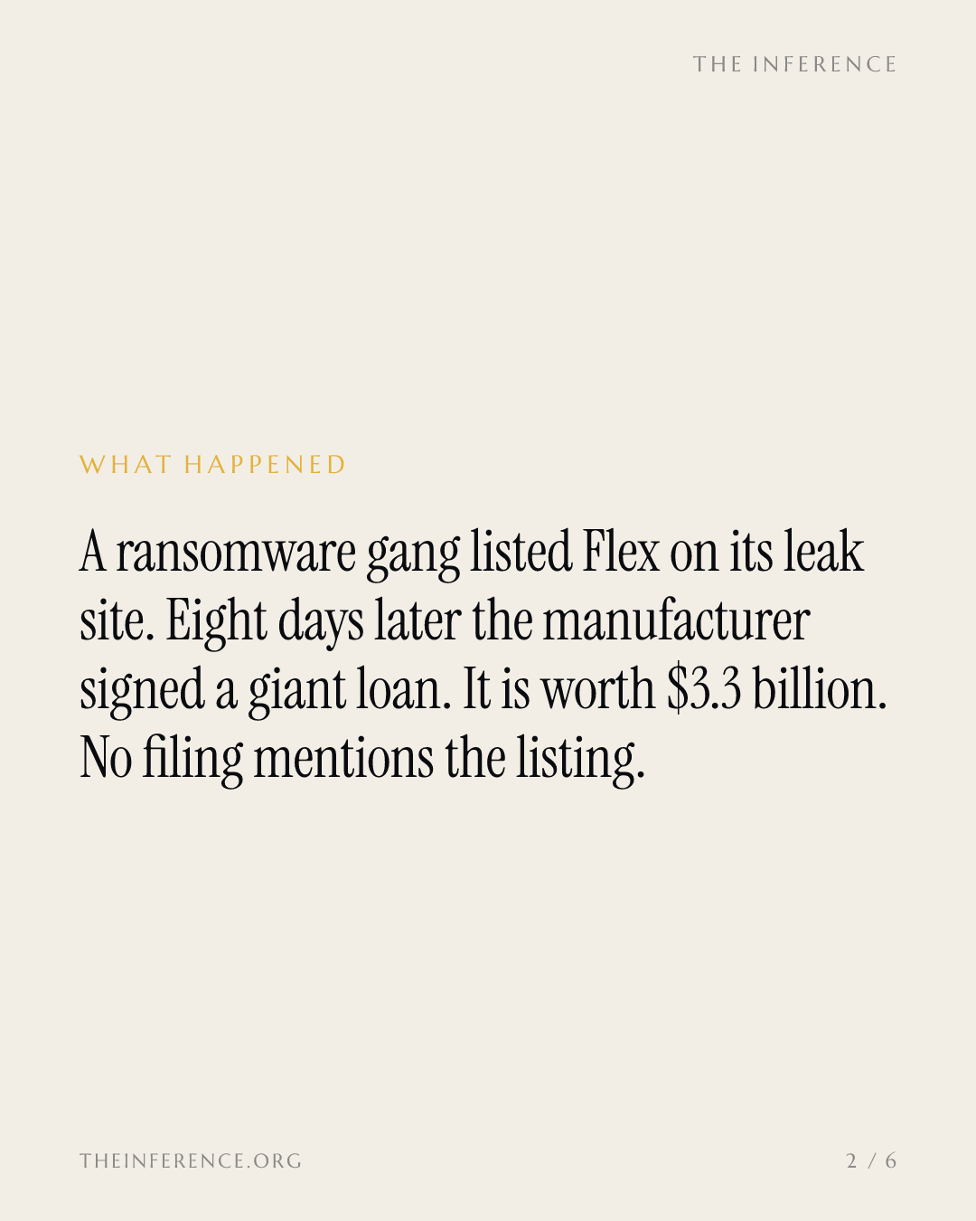 Flex signed $3.3 billion of one-year debt eight days after a ransomware gang listed it — slide 1
