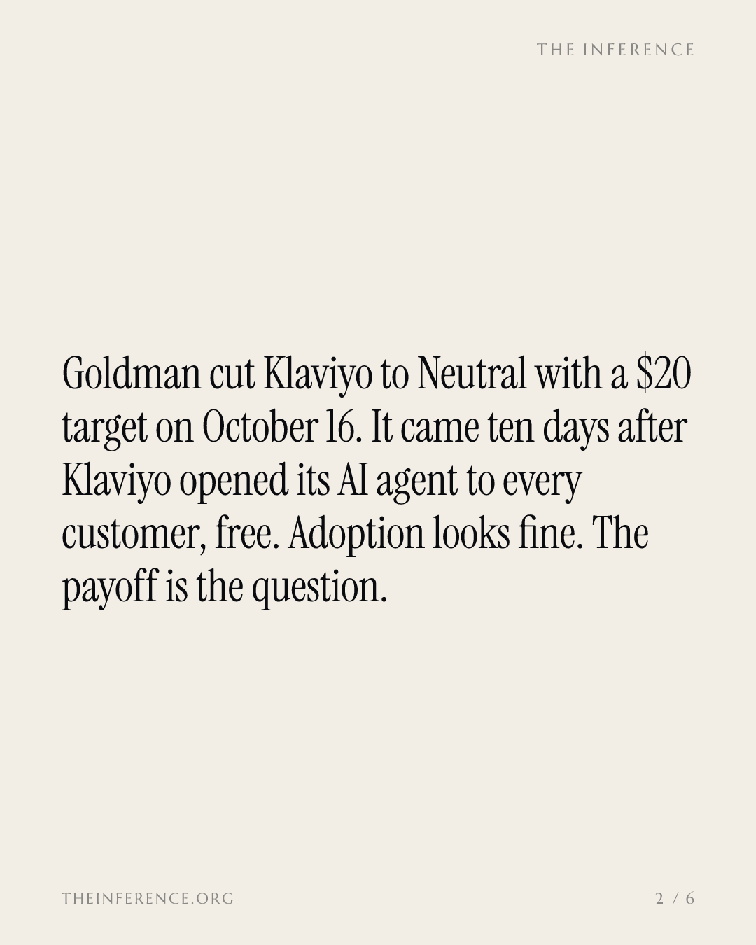 Klaviyo made its AI agent free to every customer. Ten days later Goldman pulled its Buy — slide 1