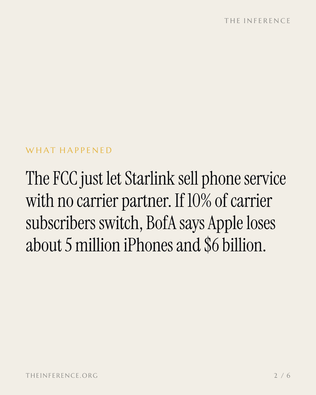 FCC lets Starlink sell phone service without carriers; BofA says a 10% shift costs Apple $6 billion — slide 1