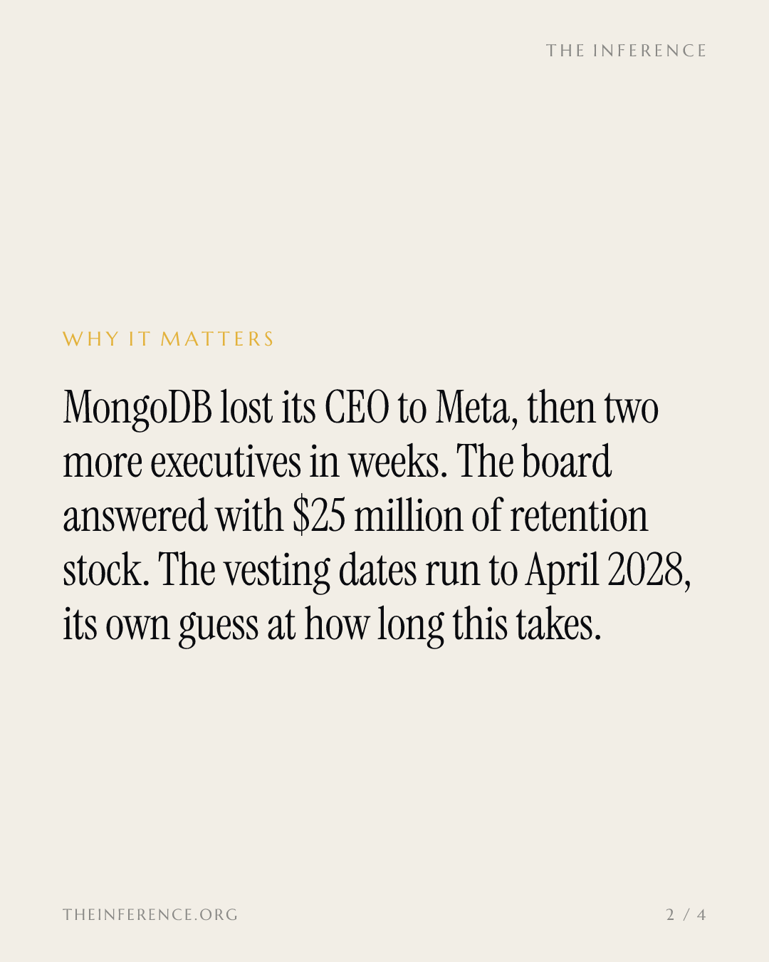 MongoDB's $25 million retention deal tells you the board expects trouble until April 2028 — slide 1