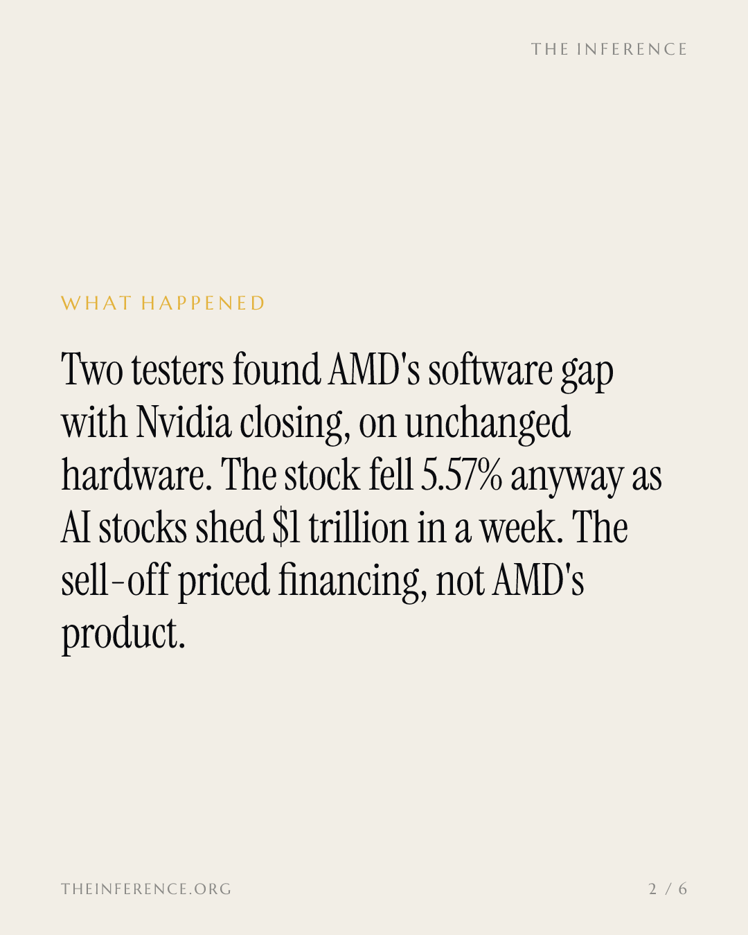 AMD's inference software caught up with Nvidia's, and its stock still fell 5.57% — slide 1
