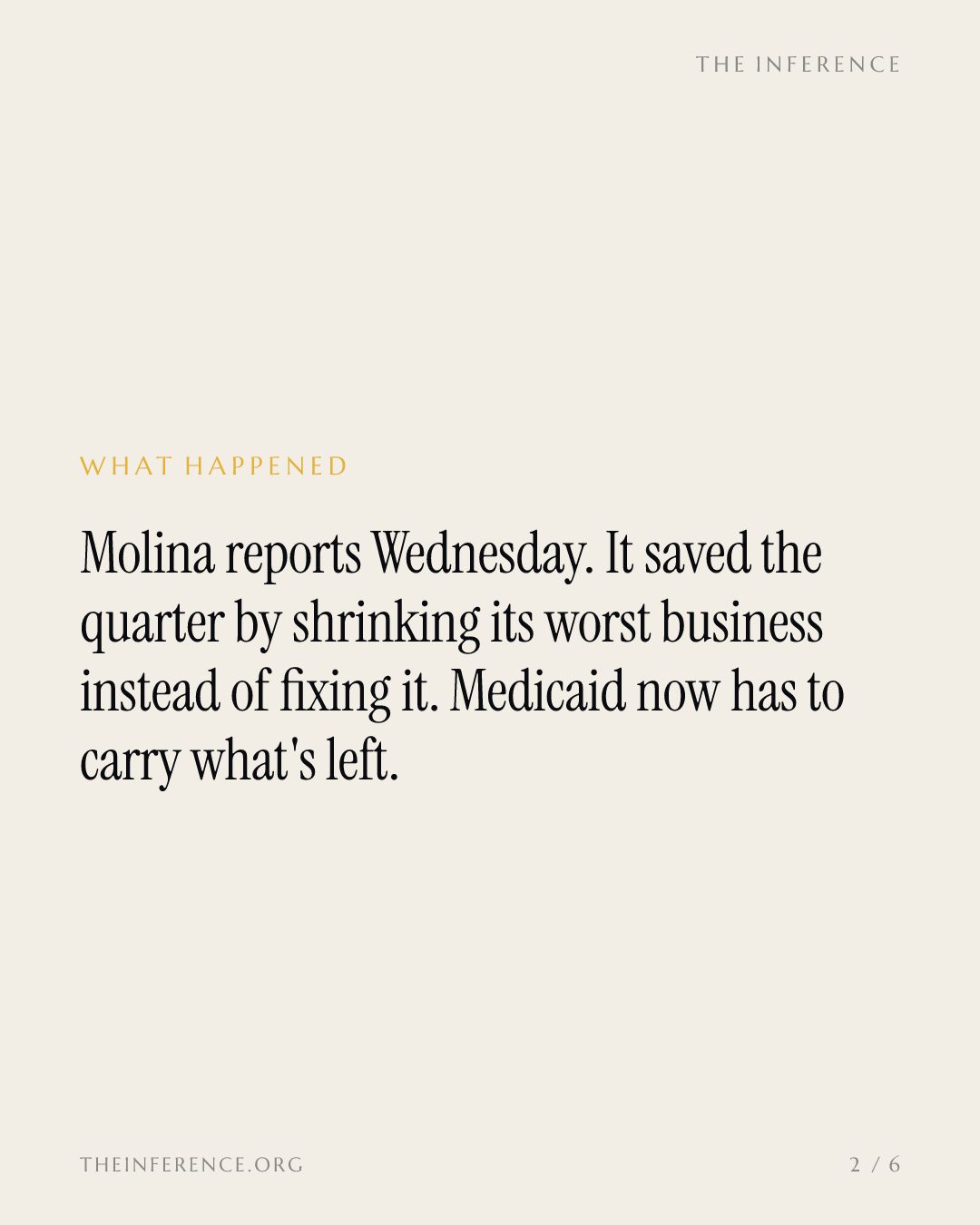 Molina's earnings fix is shrinkage, and October 21 tests whether Medicaid can carry it — slide 1