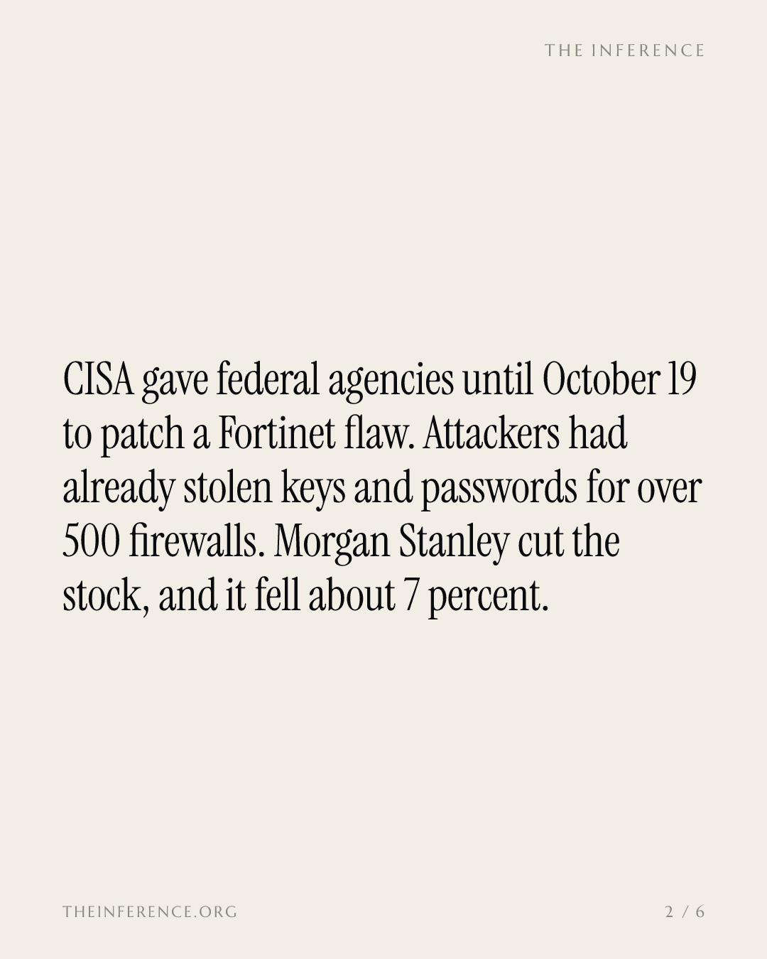 Morgan Stanley cut Fortinet as CISA's October 19 patch deadline hits; keys still open 500 firewalls — slide 1