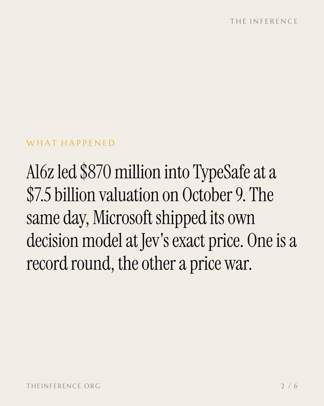 A16z valued TypeSafe's Jev at $7.5 billion; Microsoft matched its $0.042 per million tokens — slide 1