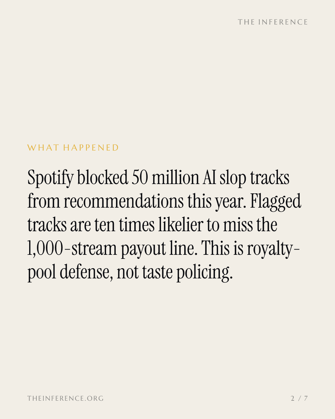 Spotify kept 50 million AI tracks off recommendations; they are 10 times likelier to earn no royalties — slide 1