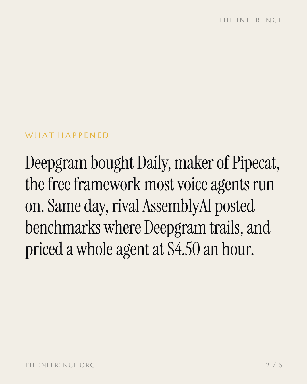 Deepgram acquires Daily, the maker of Pipecat, as AssemblyAI prices a full voice agent at $4.50 an hour — slide 1