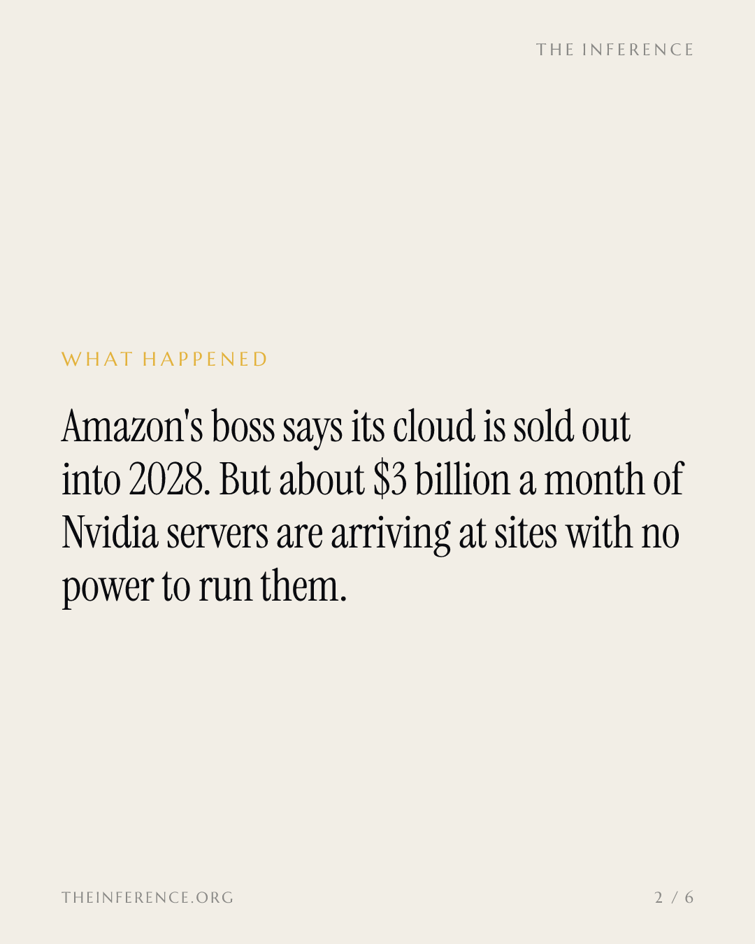 Amazon says its cloud is largely sold out through 2027 while $3 billion a month of Nvidia racks wait for power — slide 1