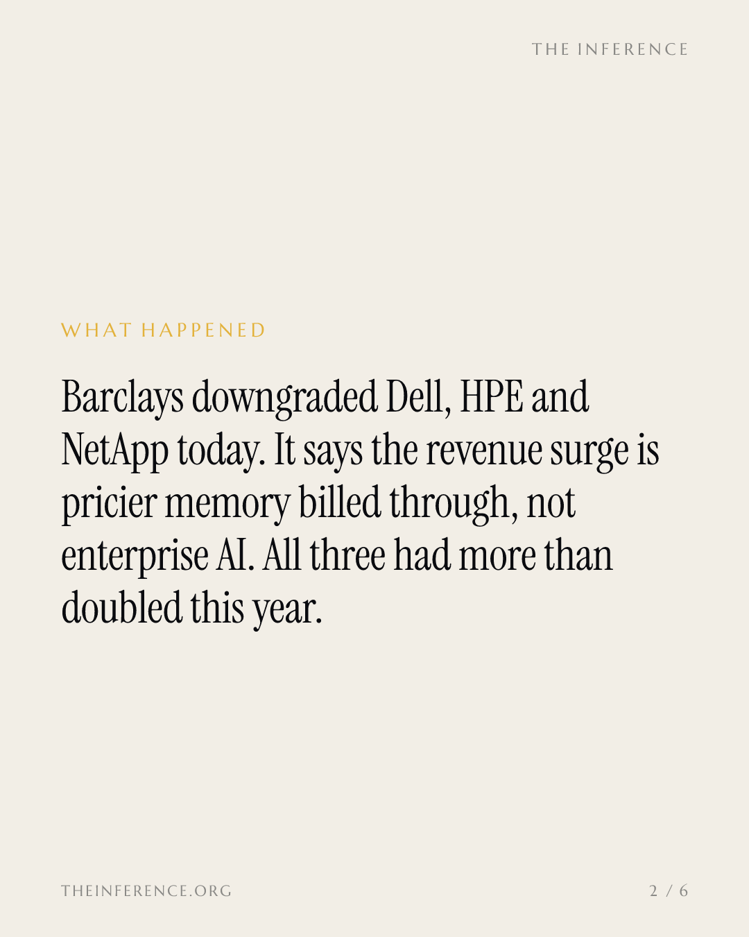 Barclays cuts Dell, HPE and NetApp, calling the AI hardware boom a memory price cycle — slide 1