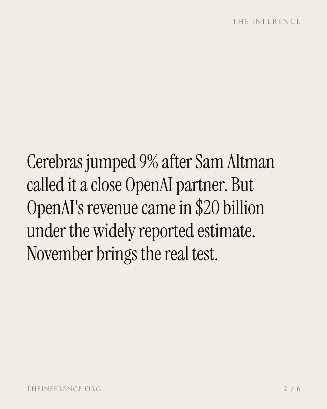 Cerebras rallied 9% on Altman's praise, but OpenAI's $20 billion revenue gap sets a November test — slide 1