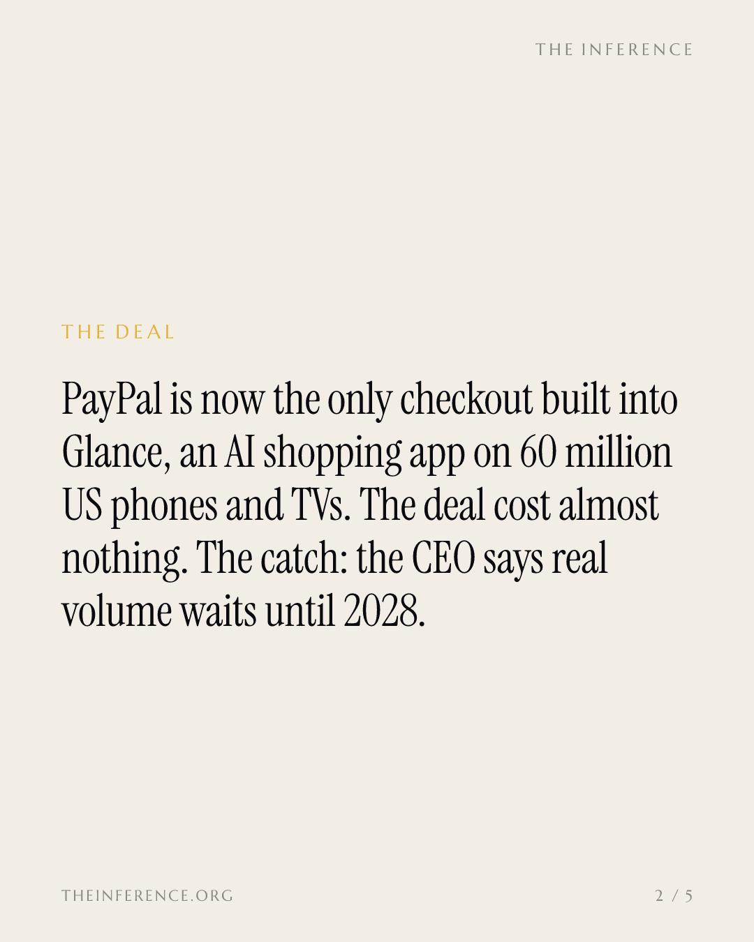 PayPal's checkout is inside Glance, an AI shopping agent on 60 million devices, but volume waits until 2028 — slide 1
