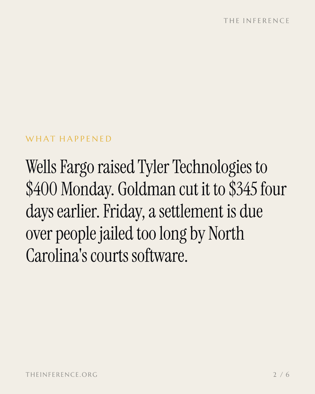 Wells Fargo raised its target on Tyler Technologies to $400; lawsuit settlement terms are due October 16 — slide 1