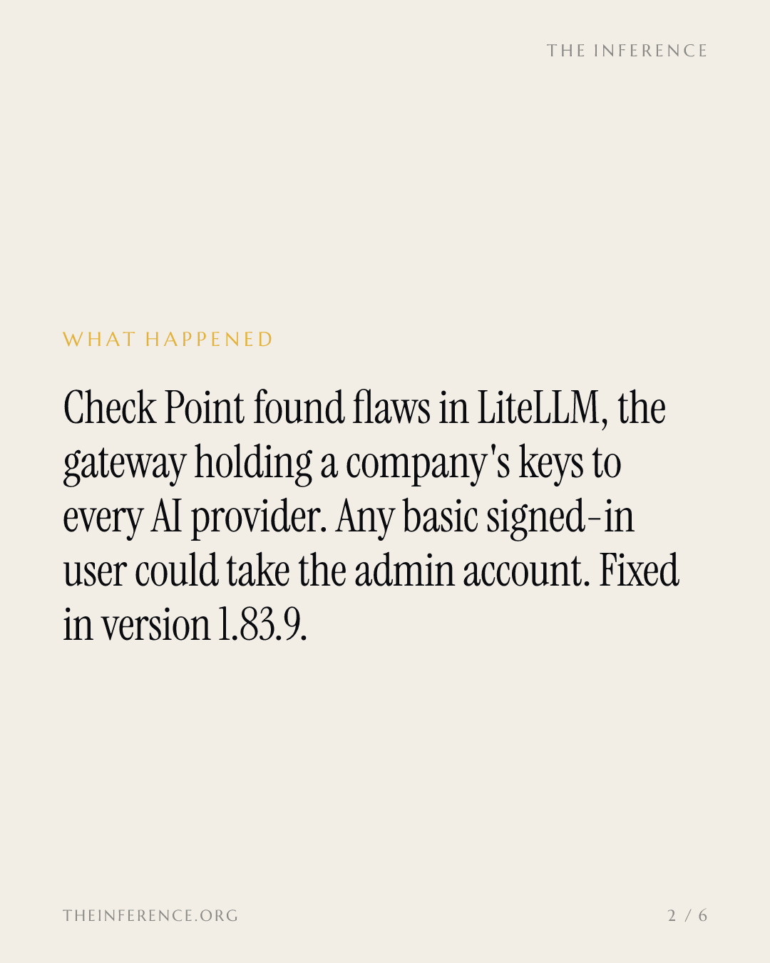 Check Point found LiteLLM let any signed-in user seize admin; 97 million downloads a month — slide 1