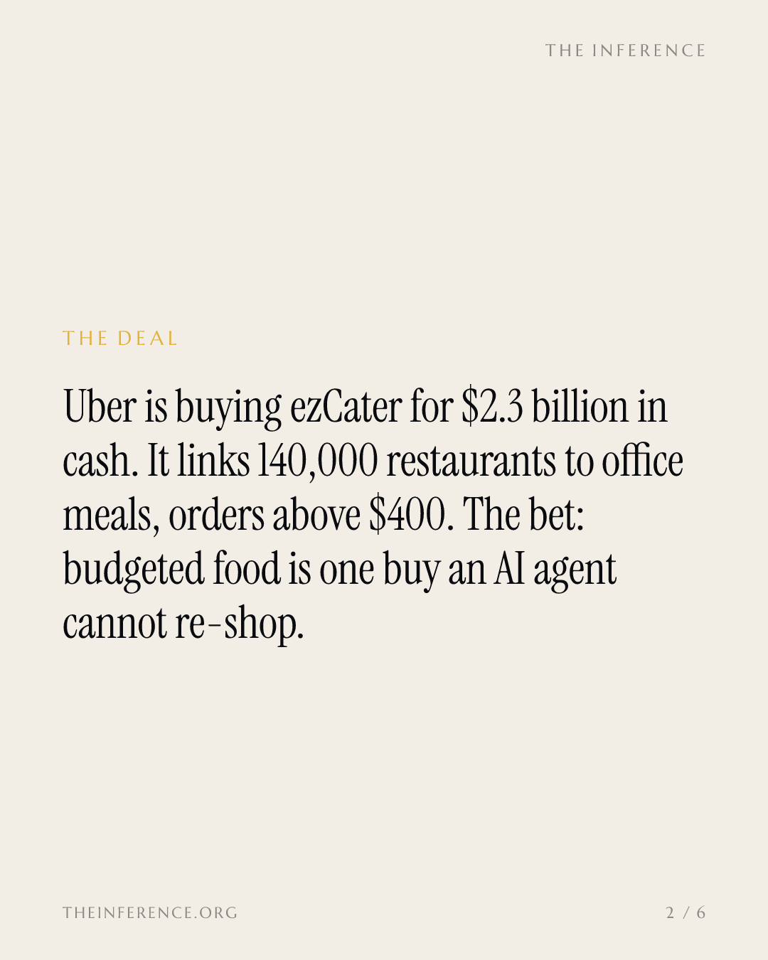 Uber's $2.3 Billion Catering Buy Targets the Orders AI Agents Cannot Re-Shop — slide 1