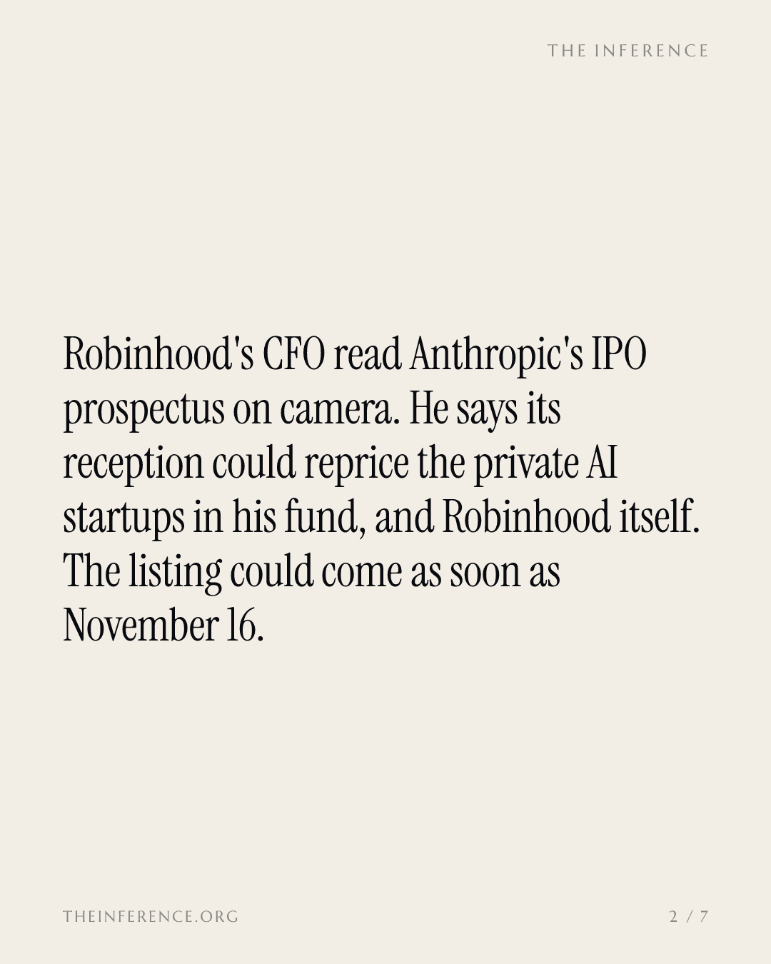 Anthropic could list as soon as November 16, and Robinhood's CFO says it could reprice his AI portfolio — slide 1