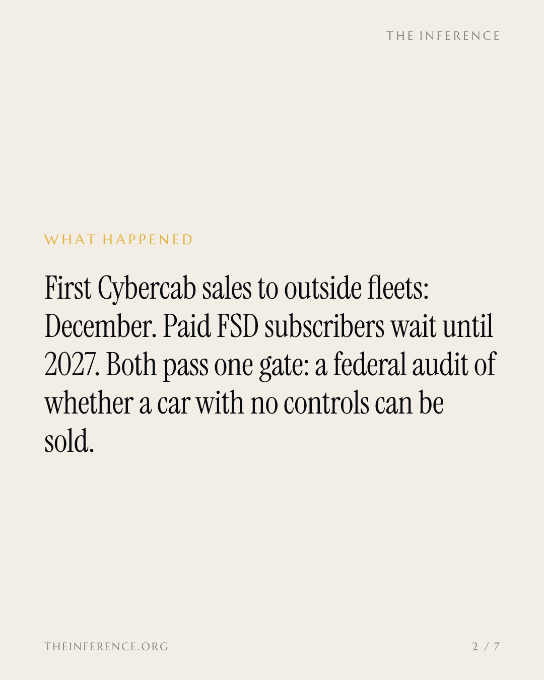 Tesla dated Cybercab sales to outside fleets for December; Full Self-Driving subscribers wait until 2027 — slide 1
