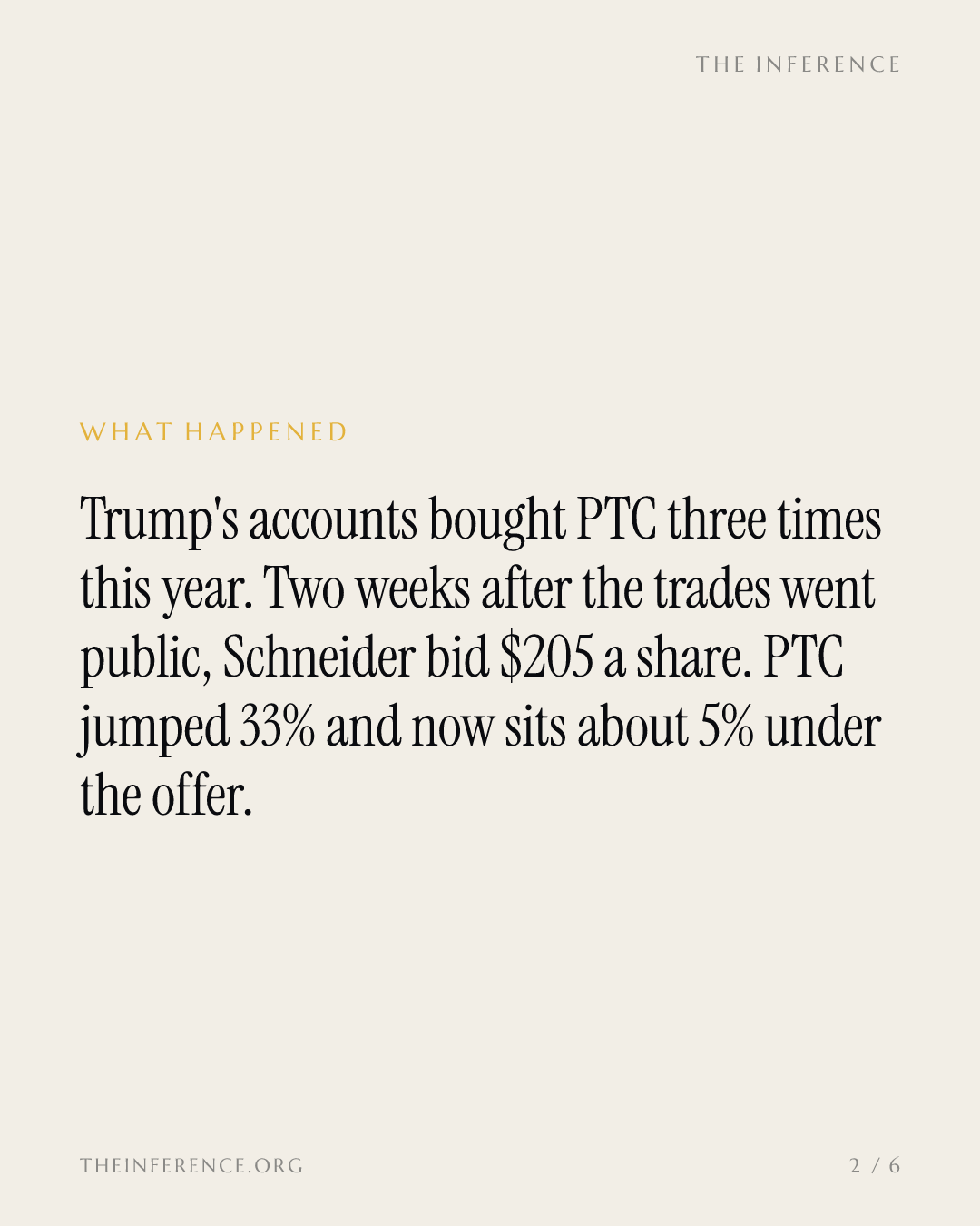 Trump's accounts bought PTC three times before Schneider's $22.6 billion bid left the stock 5% under the offer — slide 1