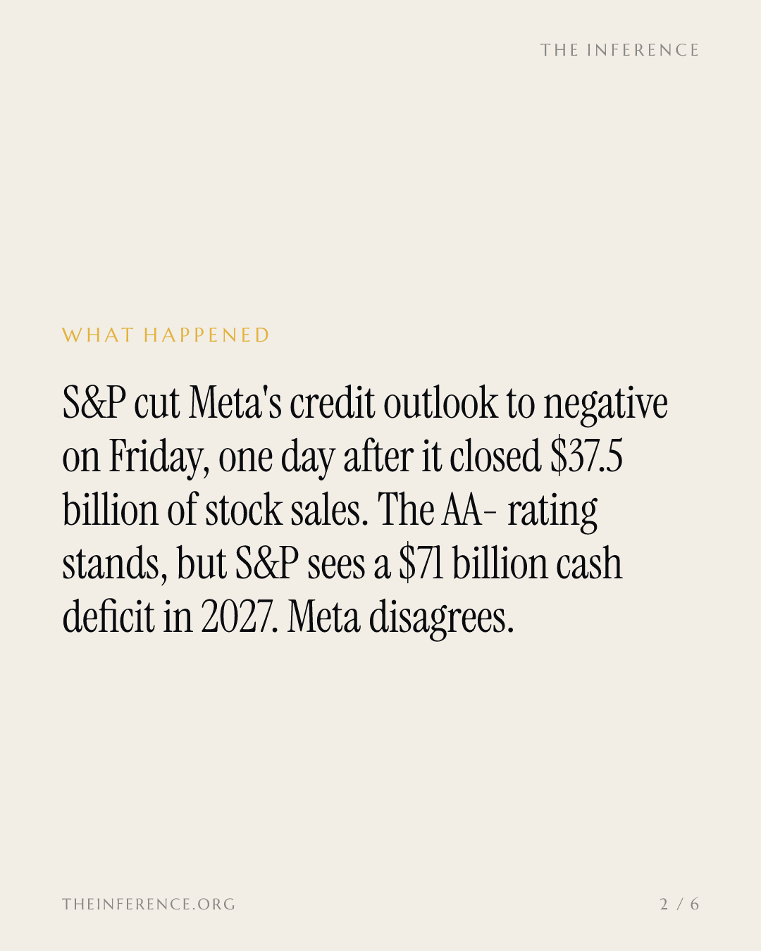 Meta raised $37.5 billion, then S&P cut its credit outlook to negative on $71 billion of 2027 cash deficits — slide 1