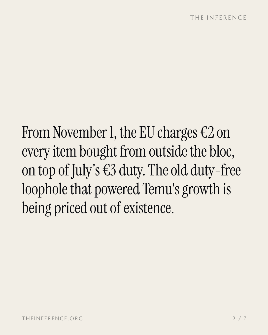 Temu's €2 EU handling fee goes permanent November 1, stacked on July's €3 duty, as PDD Holdings reports — slide 1