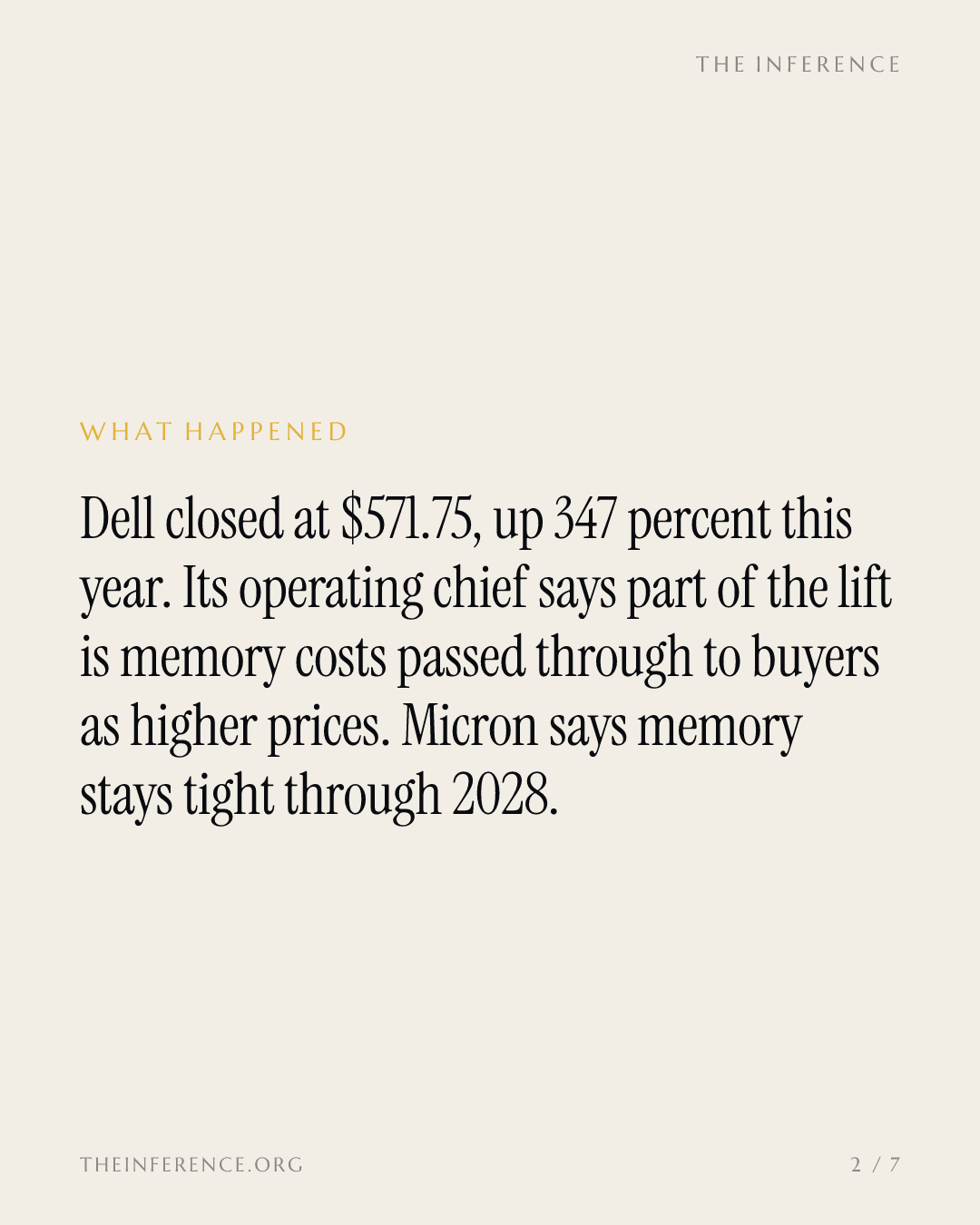 Dell is up 347% as its $192 billion guide passes the memory bill to customers; Micron sees tightness to 2028 — slide 1