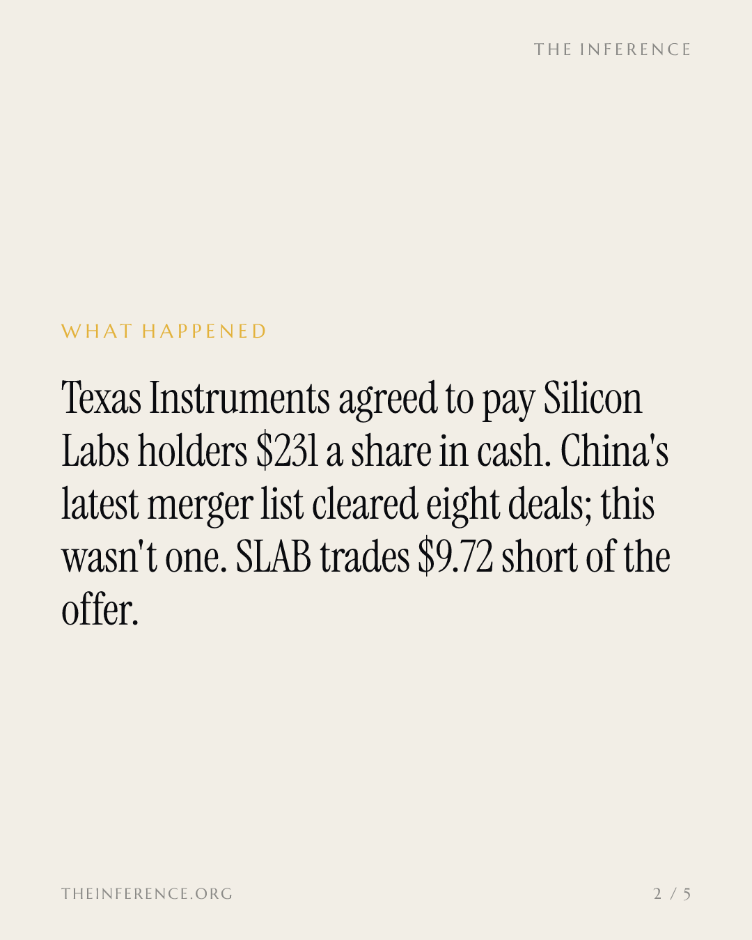 China's merger list skips Silicon Labs' $231 Texas Instruments buyout, leaving a 4% spread — slide 1