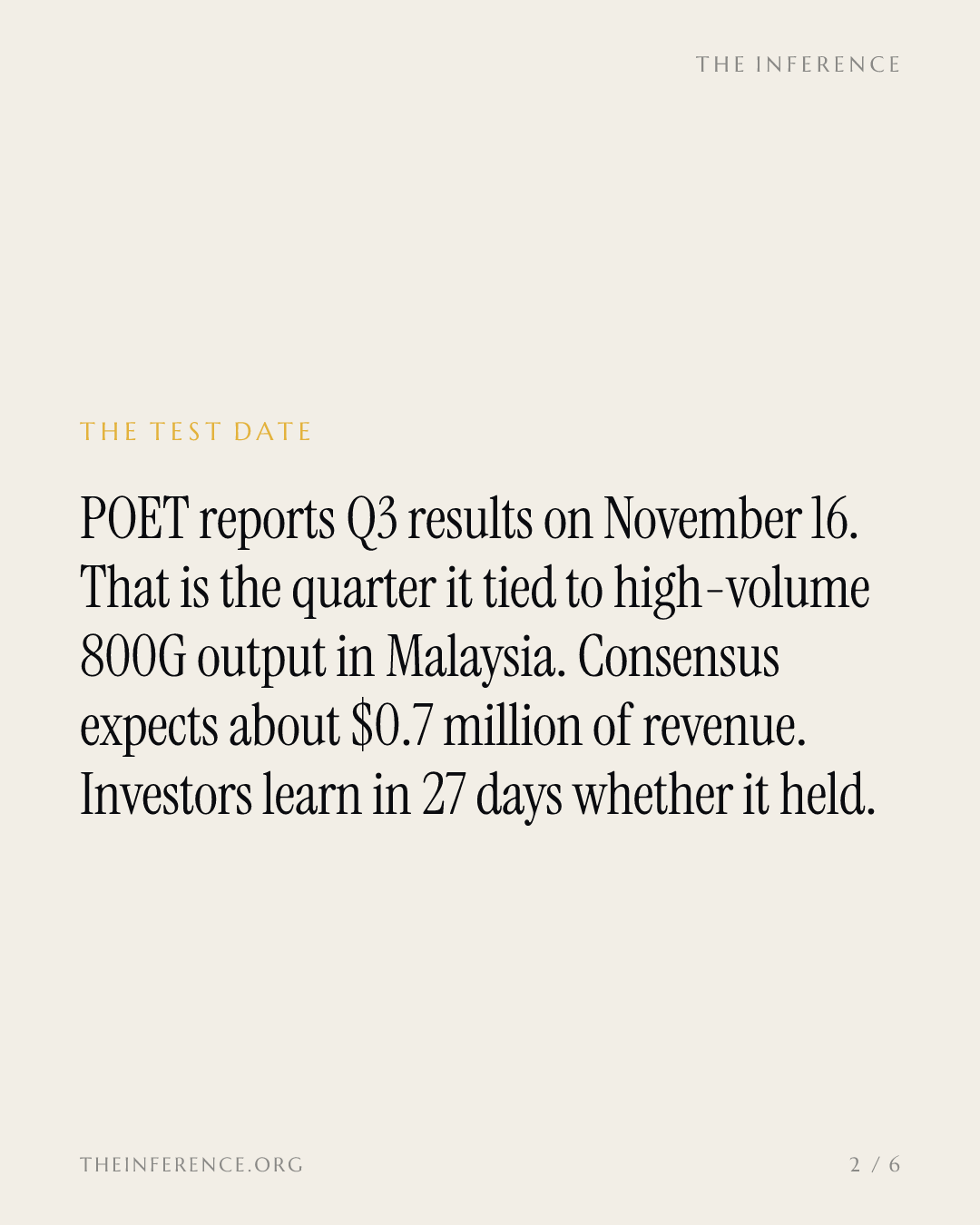 POET's November 16 report tests a $0.7 million quarter against its Malaysia 800G promise — slide 1