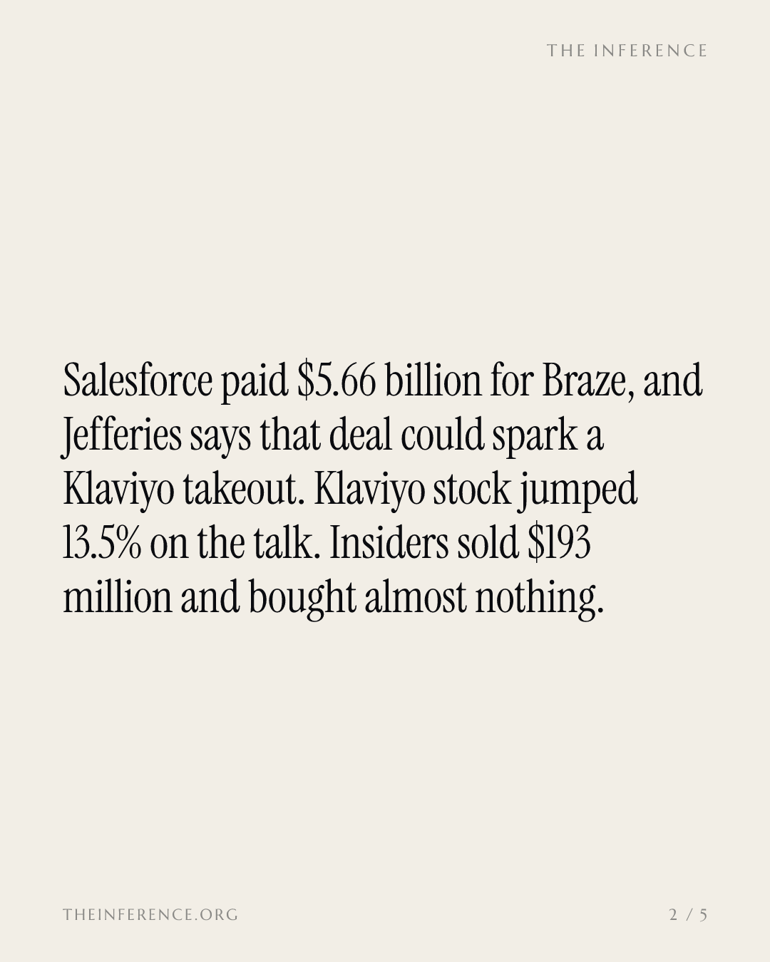 Klaviyo insiders sold $193 million as Jefferies ties Salesforce's $5.66 billion Braze deal to a takeout — slide 1