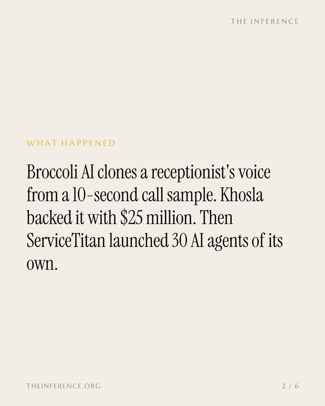 Broccoli AI clones receptionists' voices with Khosla's $25 million as ServiceTitan unveils 30 agents — slide 1