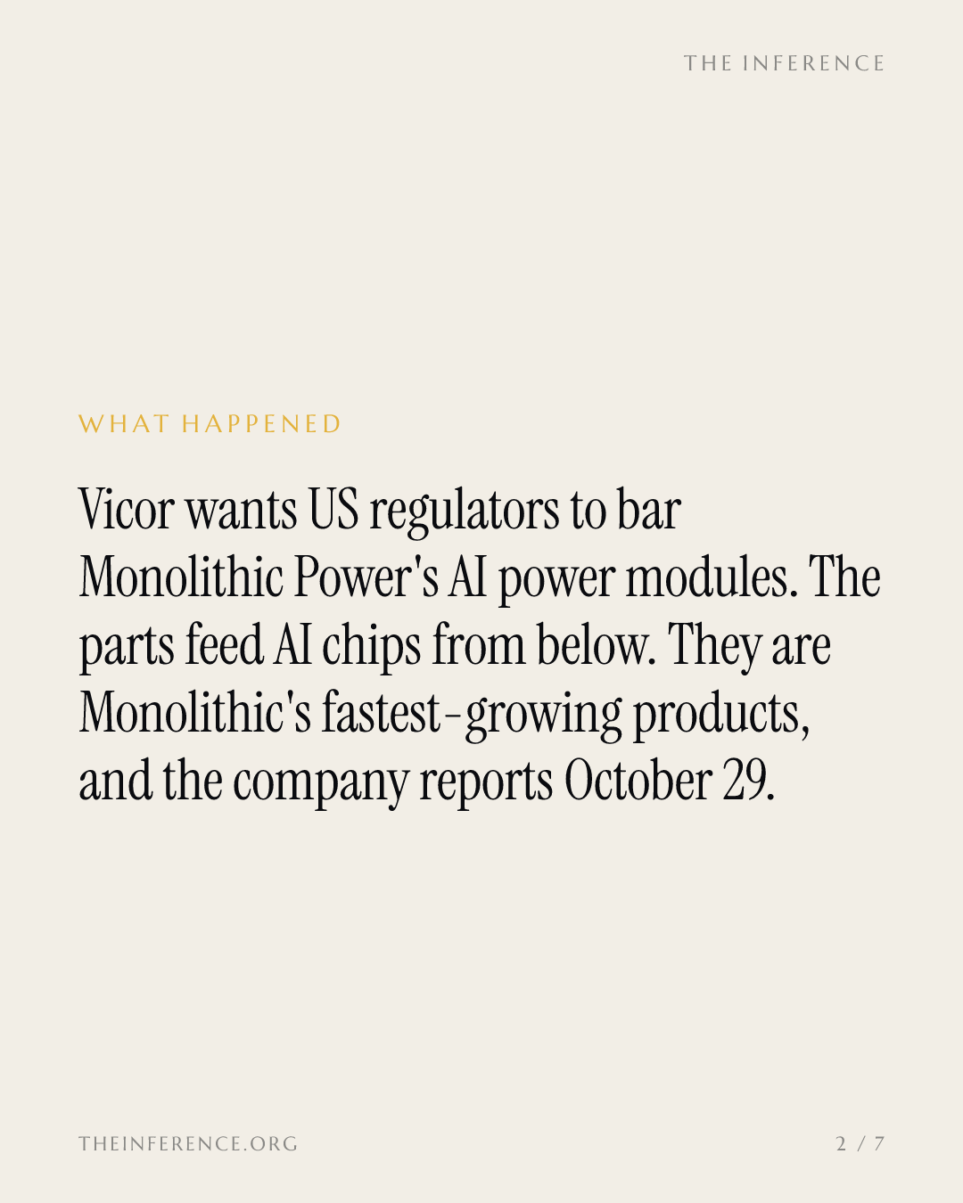 Vicor asked the ITC to bar Monolithic Power's AI-server power modules; MPWR reports October 29 — slide 1