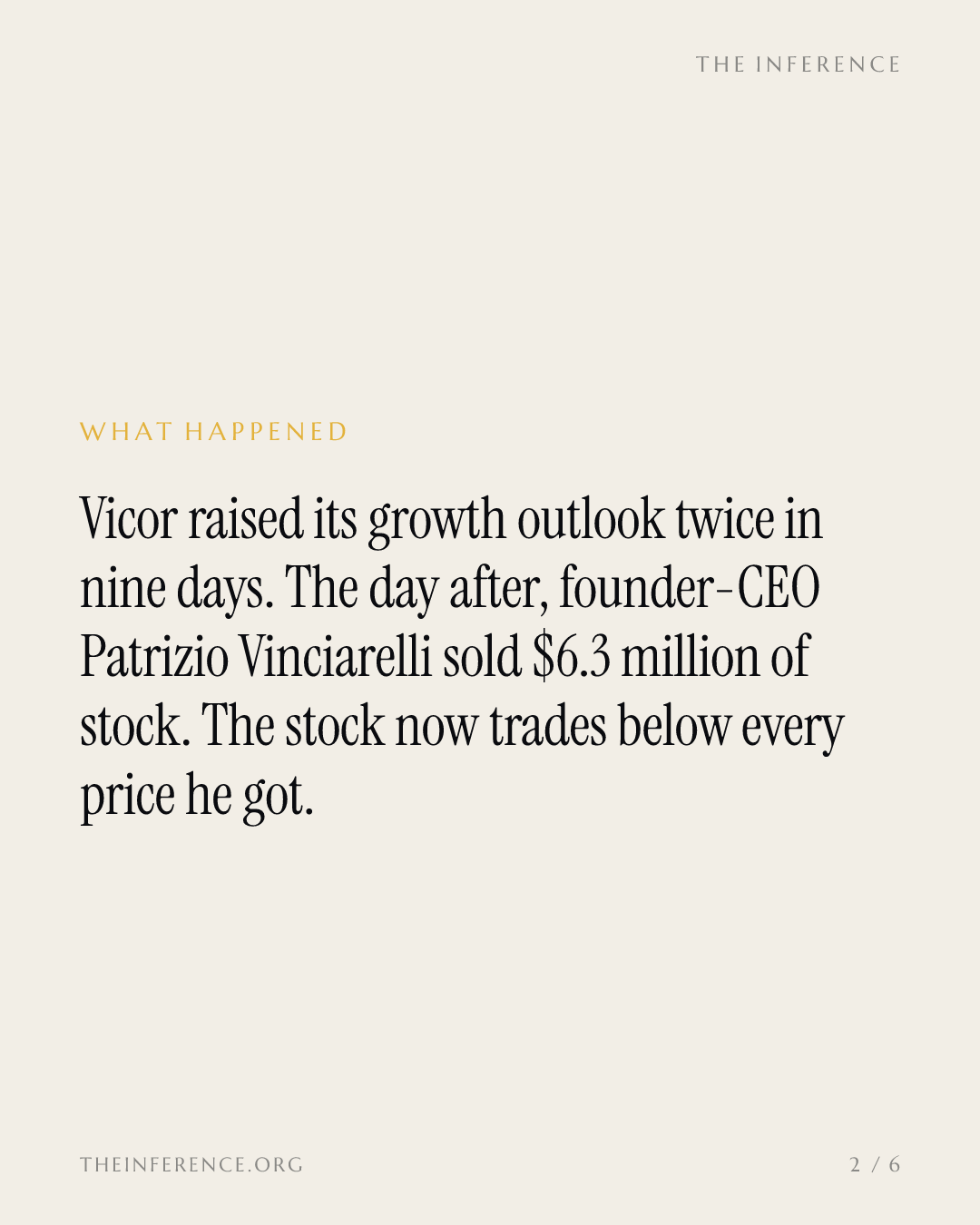 Vicor's founder sold $6.3M the day after the second raise; the stock now sits below his floor — slide 1