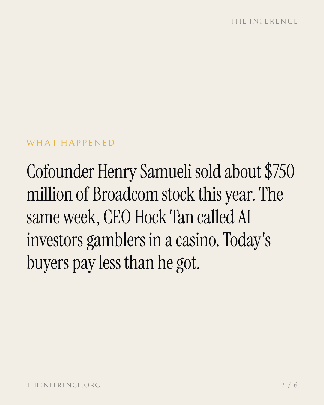 Broadcom's cofounder sold $750 million of stock while its CEO called AI investors gamblers — slide 1