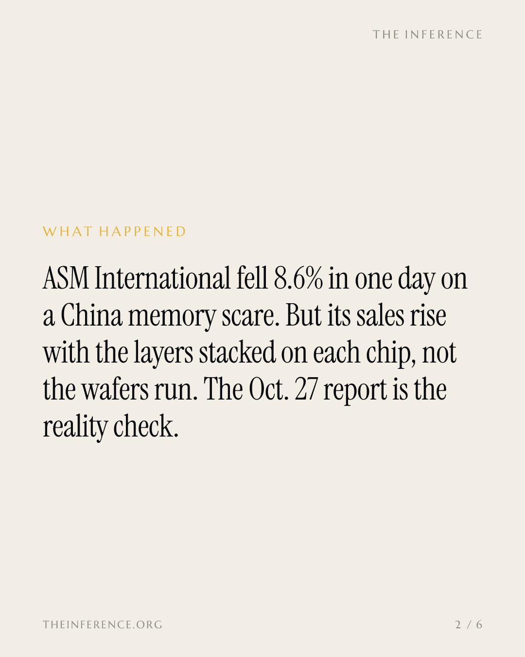 Investors cut ASM International 8.6% on a China scare; its Oct. 27 report tests a €1.1 billion quarter — slide 1