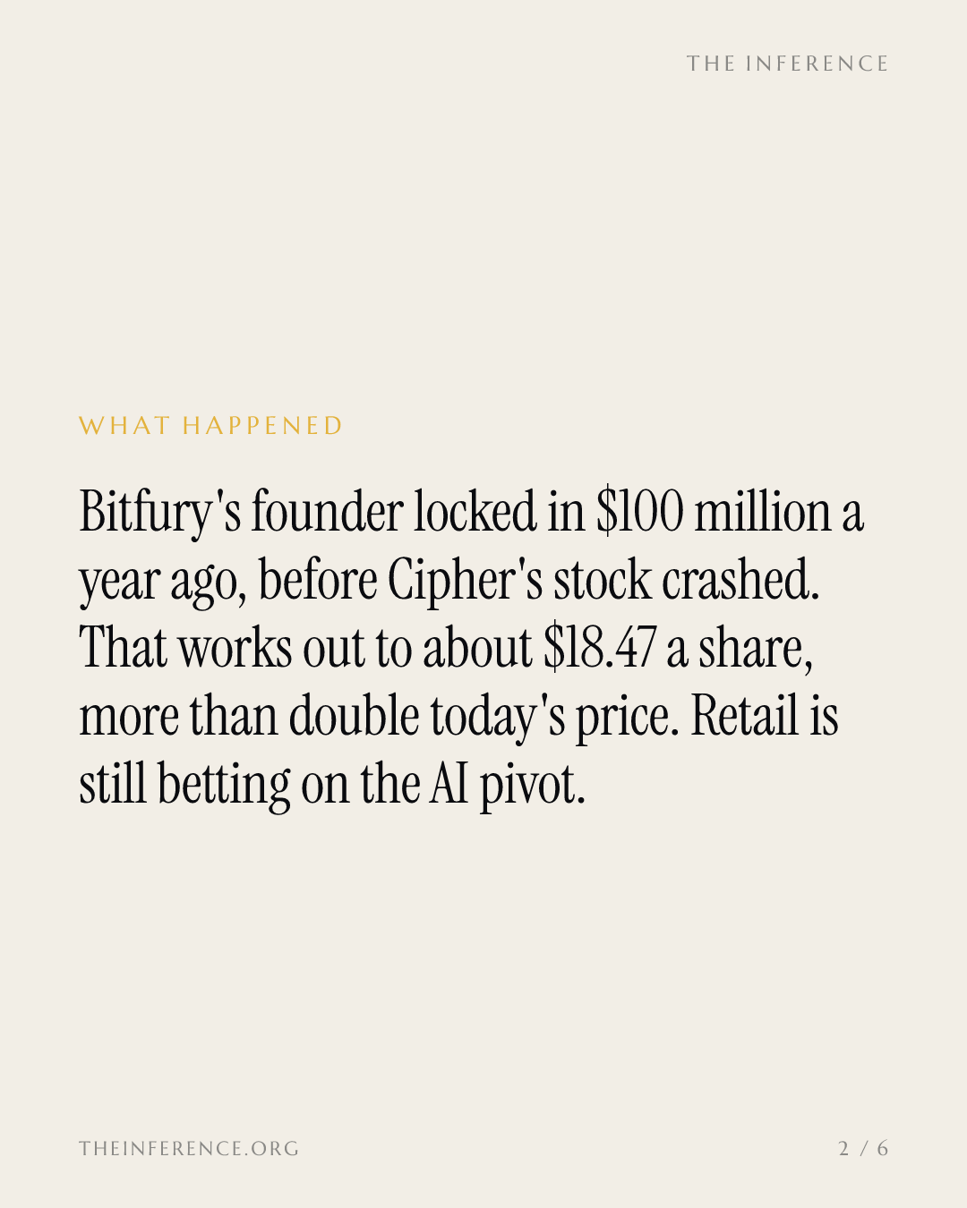 Bitfury founder locked $100 million before Cipher Digital's 53% drop; retail still bets on the AI pivot — slide 1