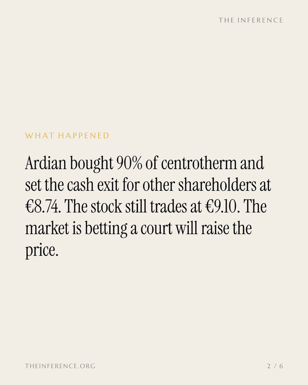 Ardian fixed centrotherm's exit at €8.74 a share; the stock still trades at €9.10 — slide 1