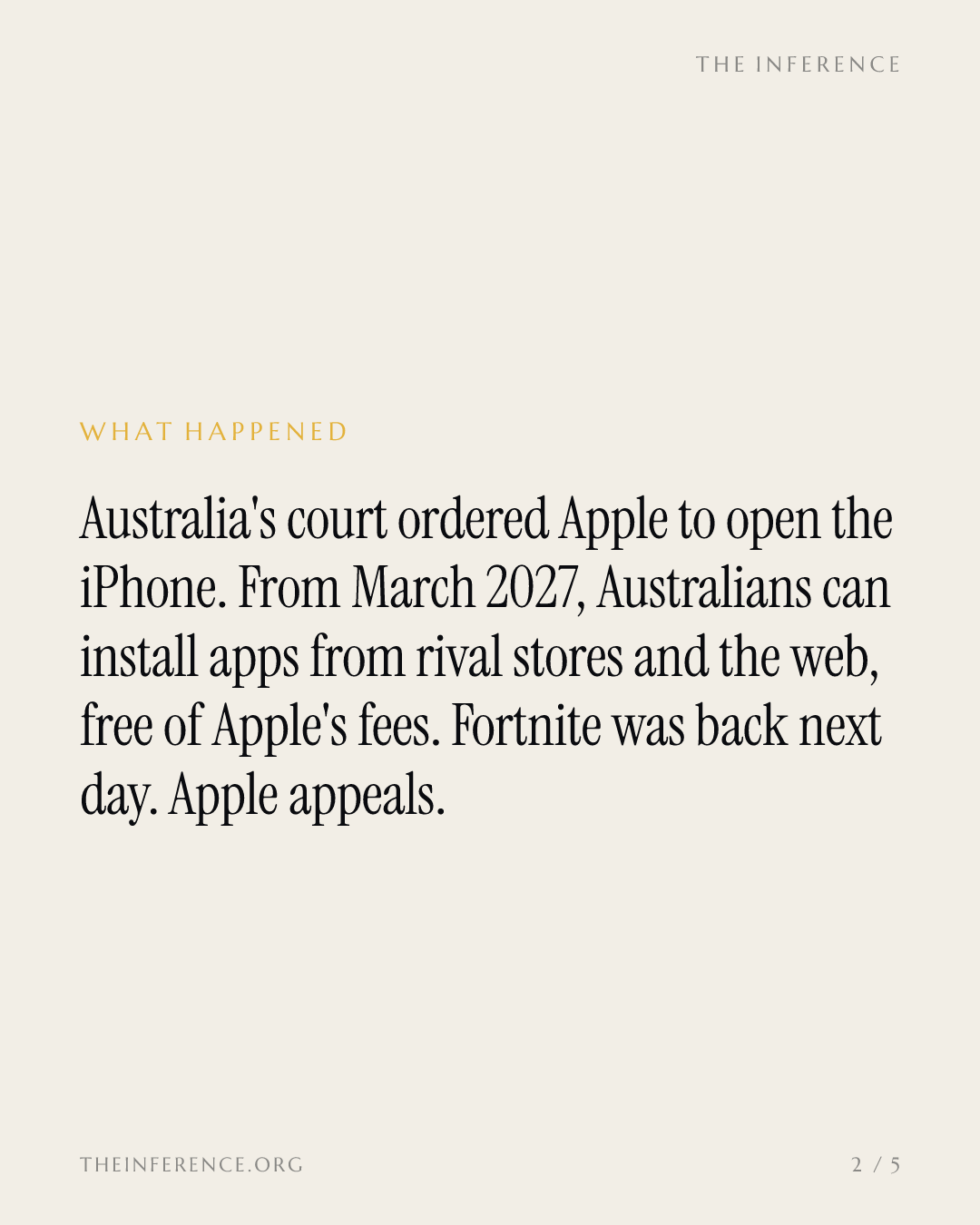 Australia's court orders Apple to open iPhone outside rails free from March 1, 2027; US commission down 18% — slide 1