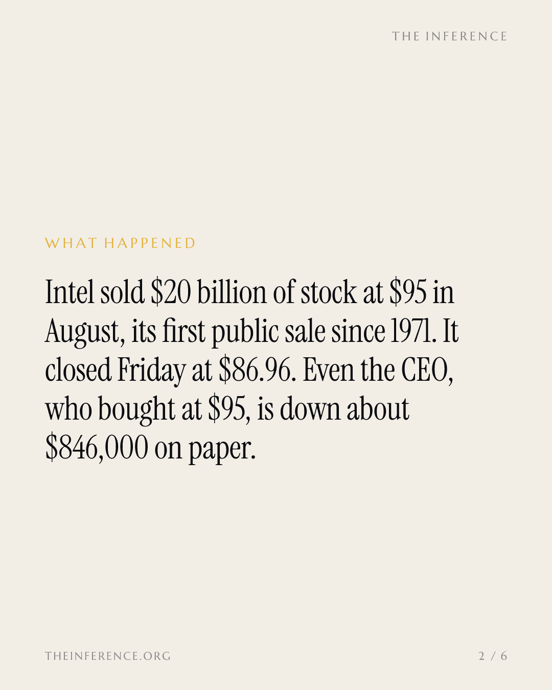 Intel's $20 billion stock sale at $95, first since 1971, left buyers underwater before the October 29 report — slide 1