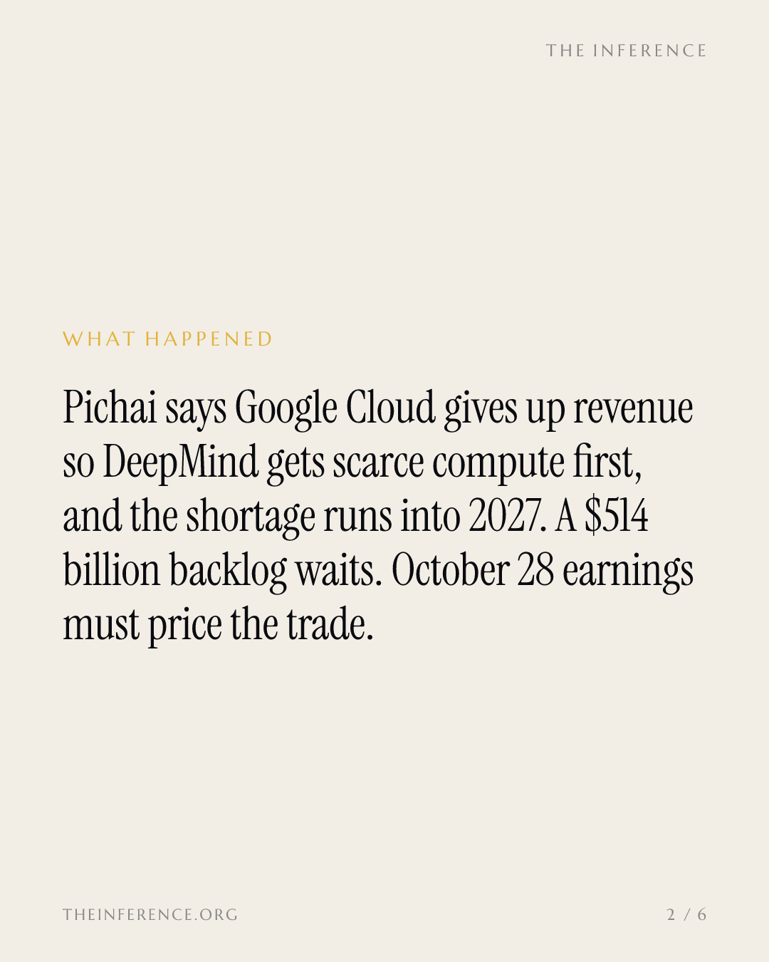 Pichai says Google Cloud forgoes revenue so DeepMind gets compute first; a $514 billion backlog waits — slide 1