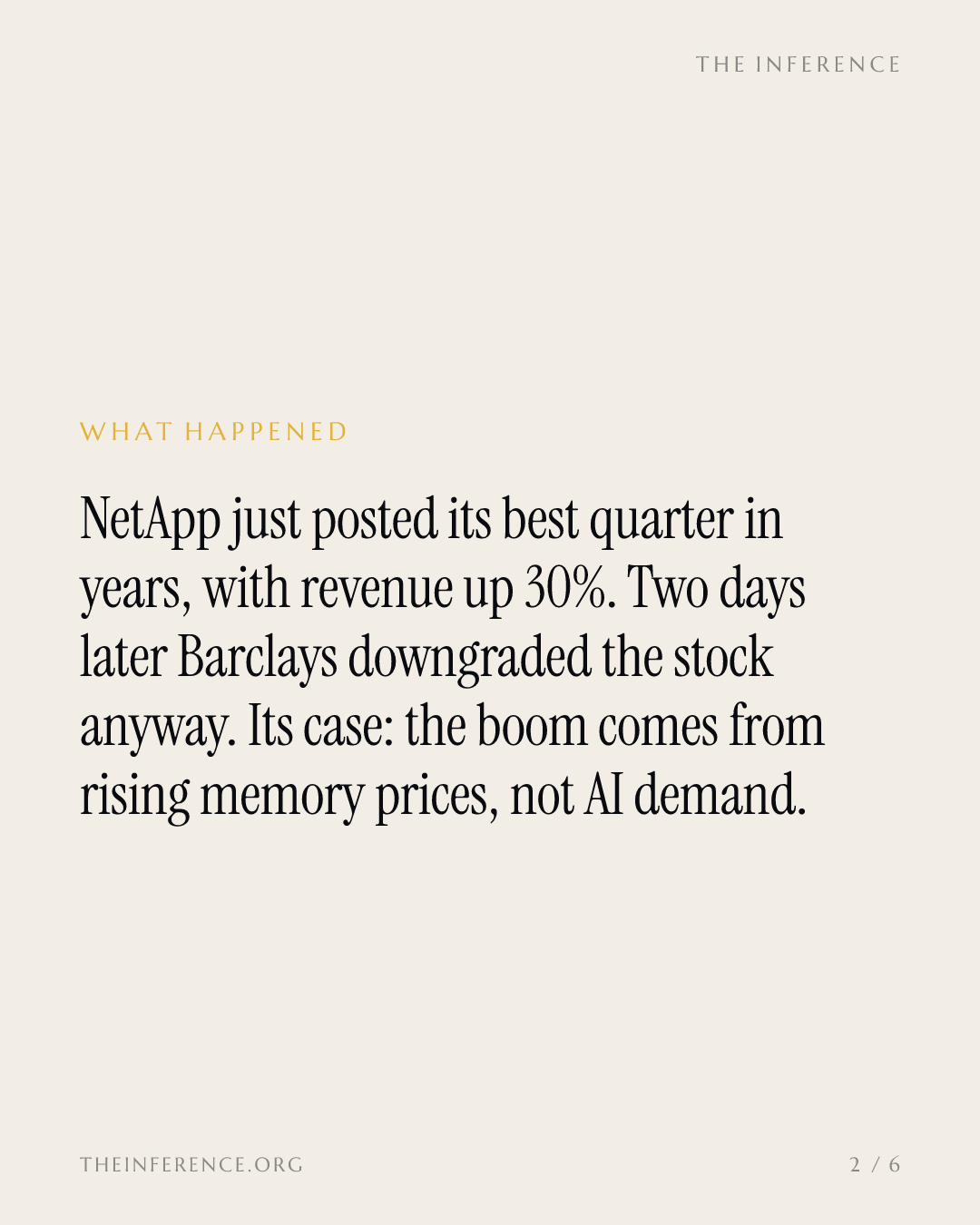 Barclays cut NetApp two days after revenue jumped 30%, calling the boom memory prices, not AI — slide 1