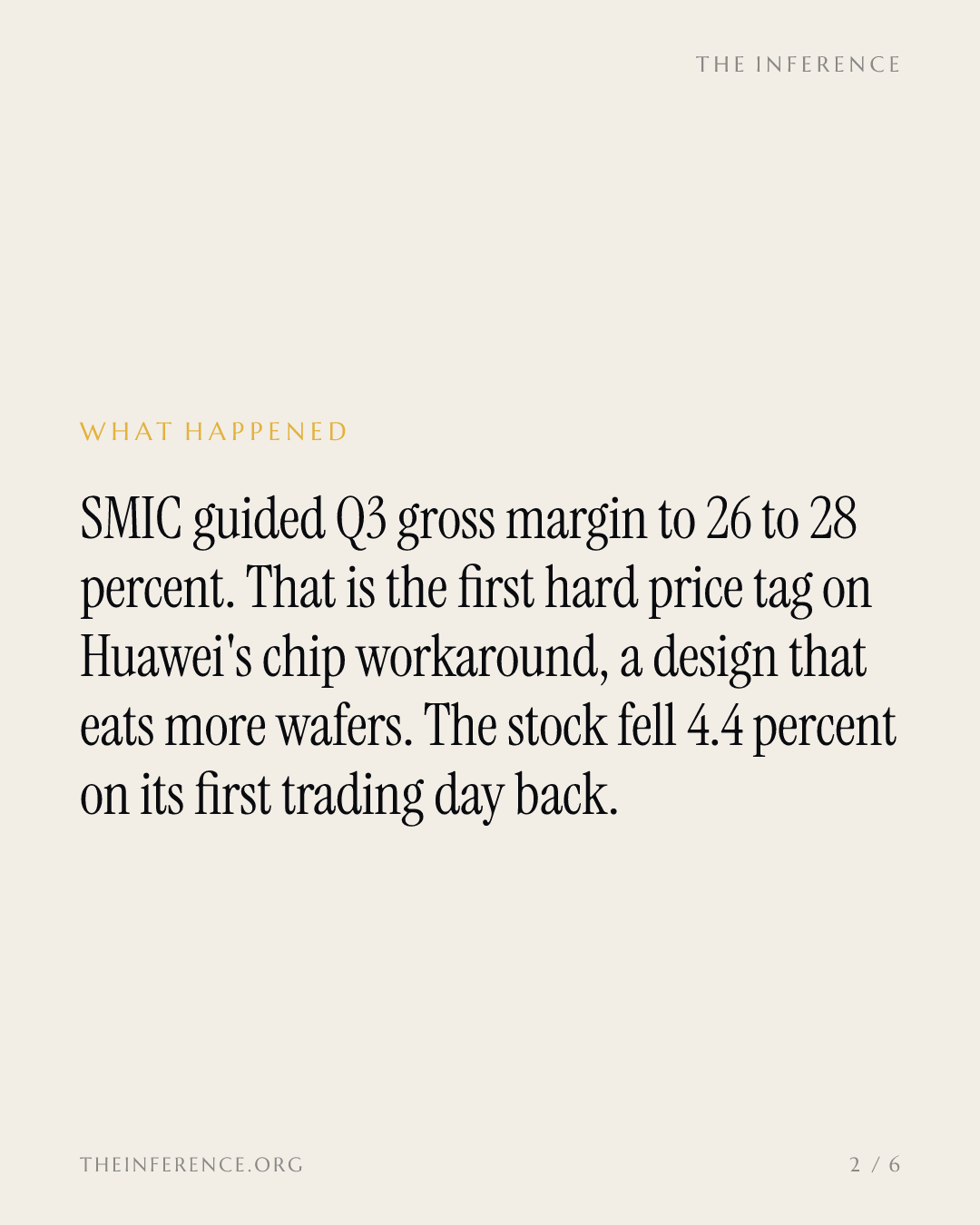 SMIC's 26-28% margin guide is the first price tag on Huawei's chip workaround; the stock fell 4.4% — slide 1