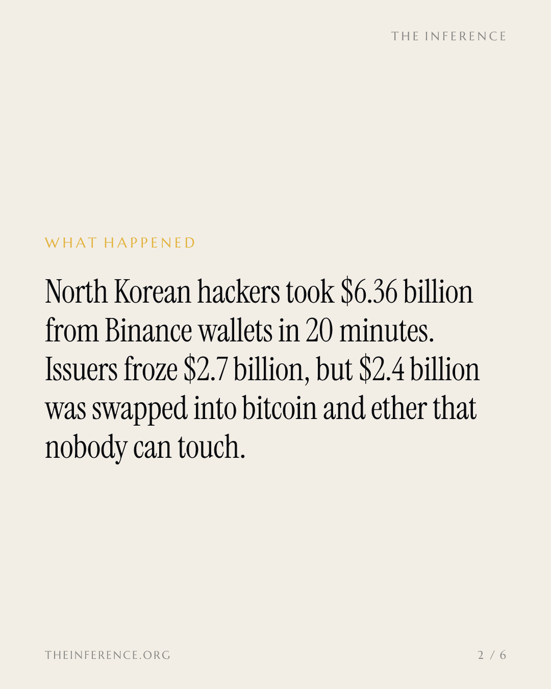 North Korea took $6.36 billion from Binance and $2.4 billion is beyond any freeze — slide 1