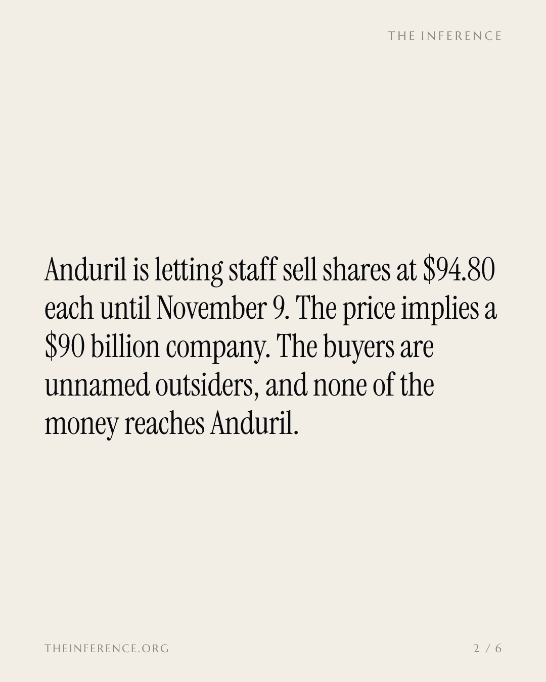 Anduril's $94.80 employee sale prices it near $90 billion, a mark new money has yet to test — slide 1