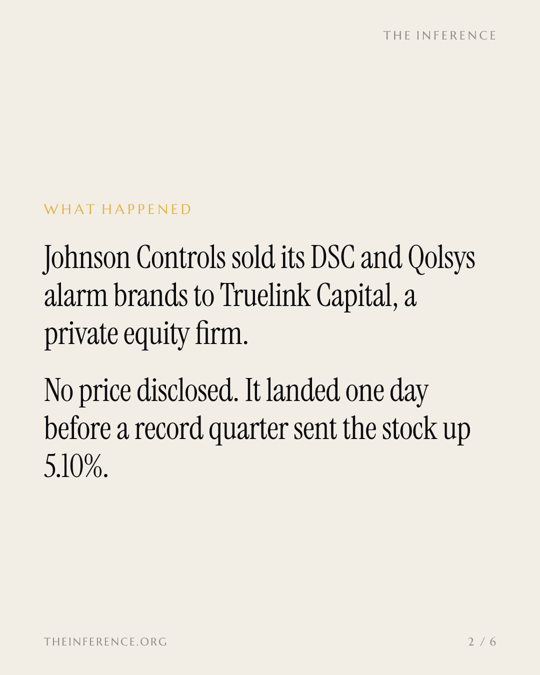 Johnson Controls sells its DSC and Qolsys alarm brands to Truelink Capital at an undisclosed price — slide 1