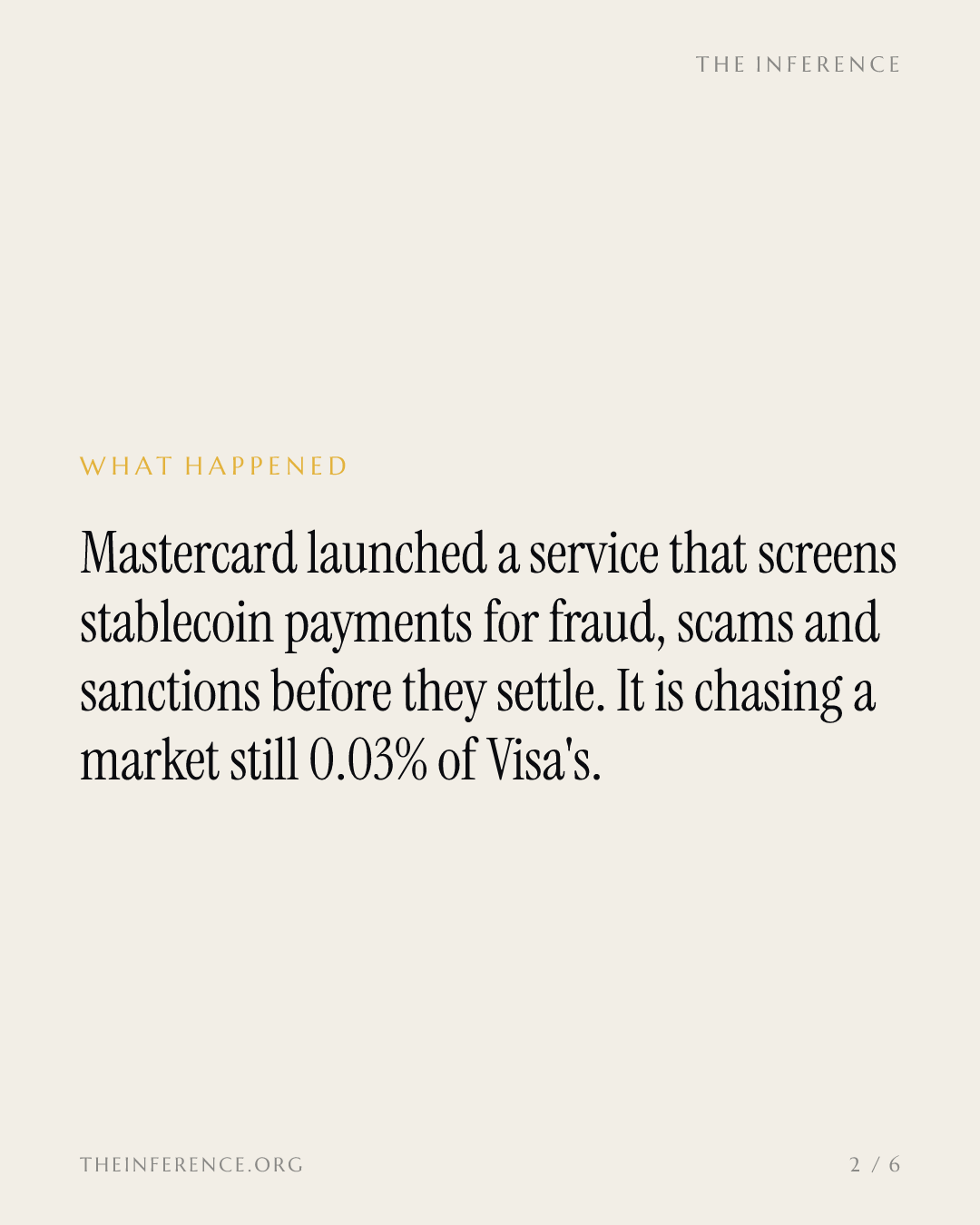 Mastercard launches stablecoin risk screening into a payments market still 0.03% of Visa's volume — slide 1
