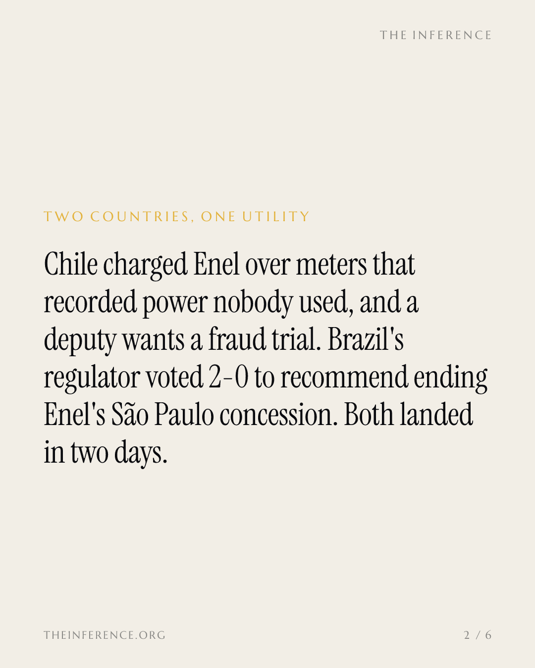 Chile charges Enel over phantom meters; Brazil's regulator votes to recommend ending its largest concession — slide 1