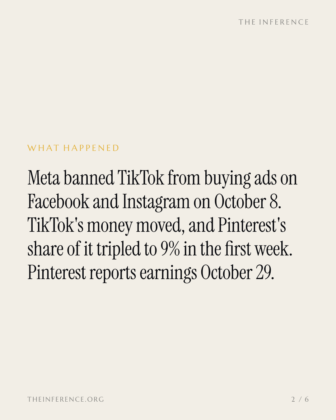 Meta's TikTok ad ban tripled Pinterest's share of TikTok's spend to 9% from 3% before Oct. 29 earnings — slide 1