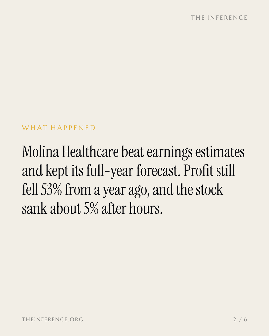 Molina Healthcare beat estimates and held guidance, yet its profit fell 53% and the stock sank about 5% — slide 1